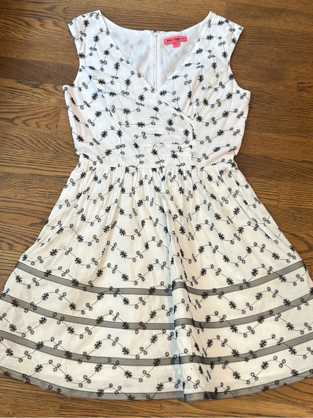 Betsey Johnson White Dress with Black Floral Embroidery eyelet and ribbon acc